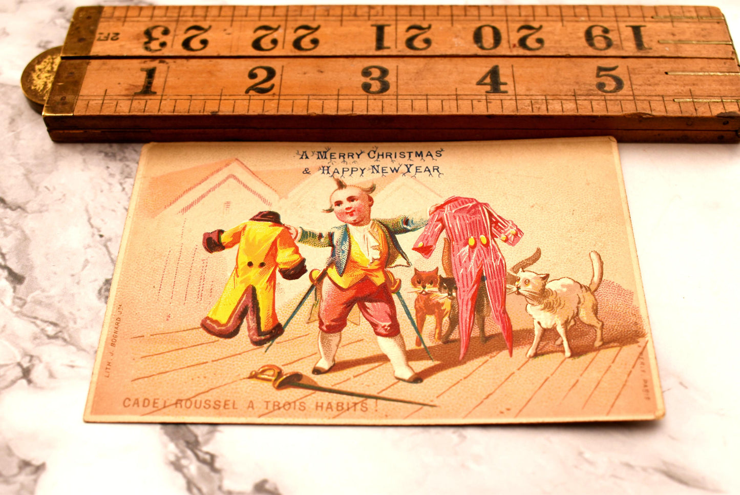 Antique Victorian Christmas Card - Wonderful French Cadet Roussel and His Cats Comedy Card