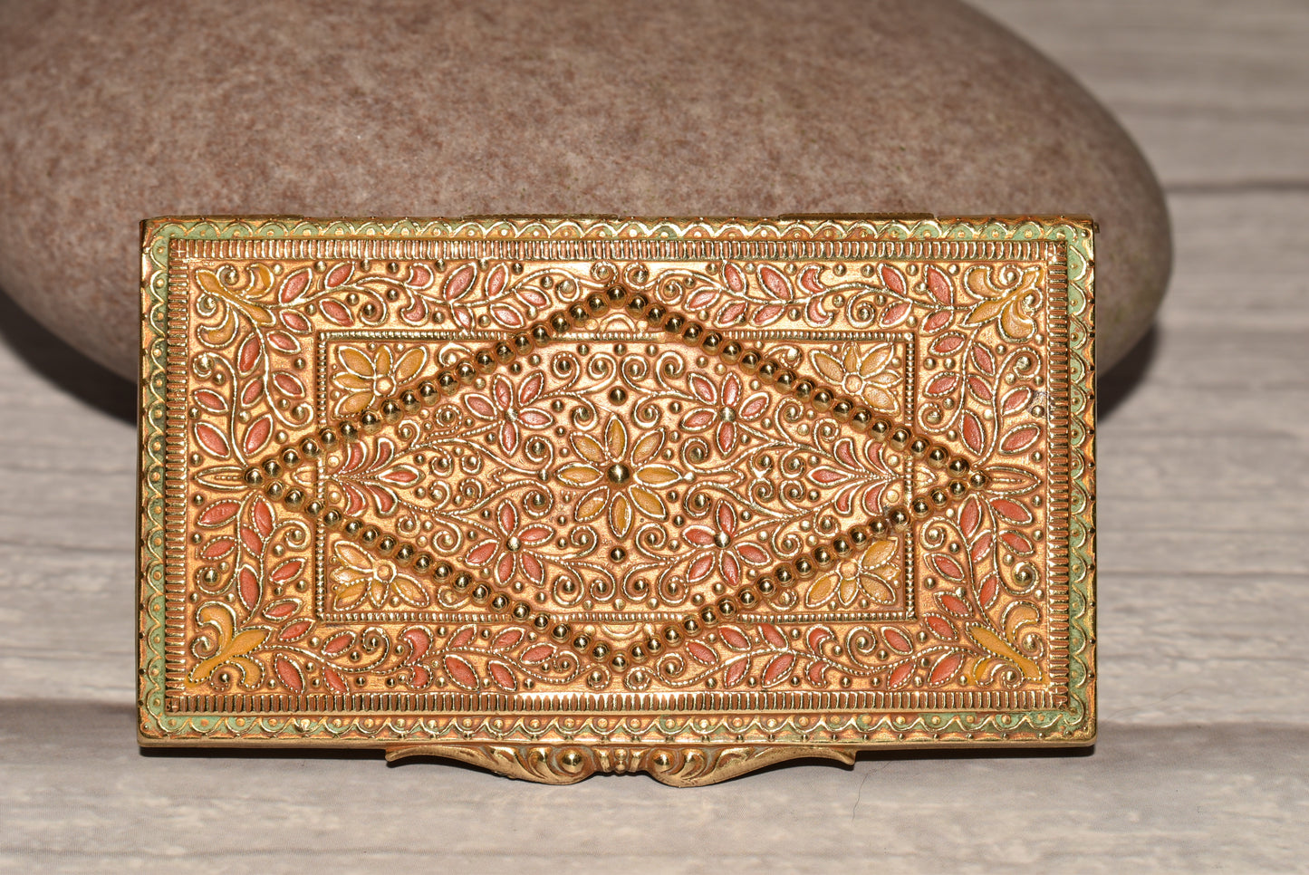 Antique Brass Card Case - Gorgeous Decorative Small Enamelled Case