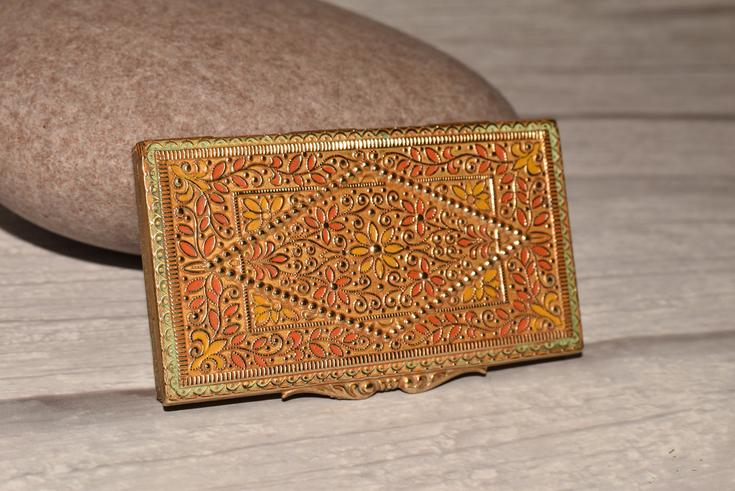 Antique Brass Card Case - Gorgeous Decorative Small Enamelled Case