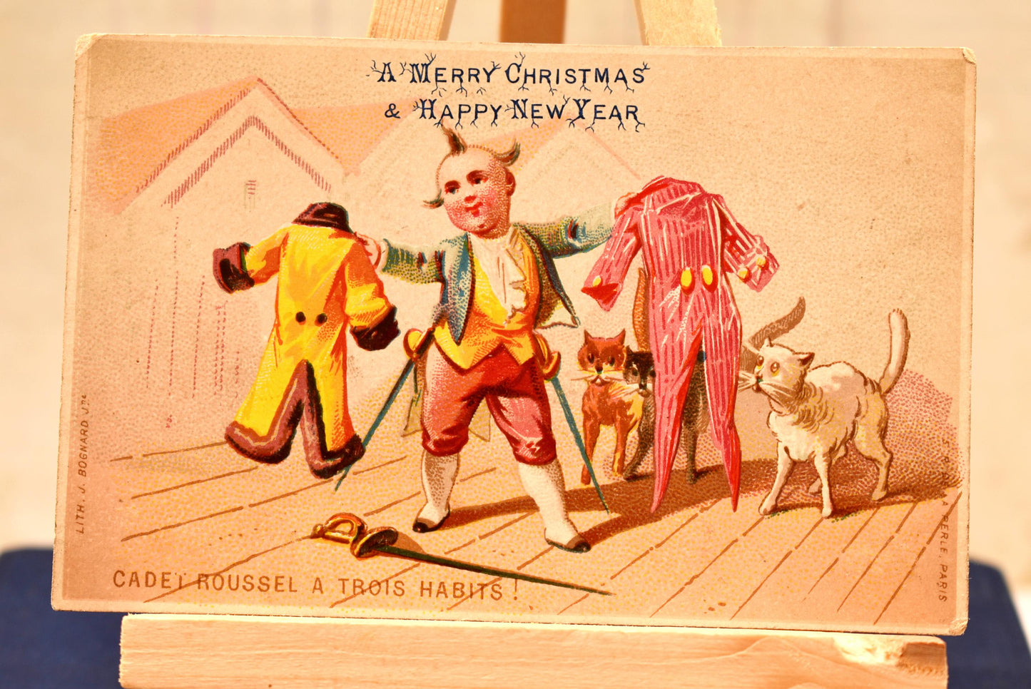 Antique Victorian Christmas Card - Wonderful French Cadet Roussel and His Cats Comedy Card