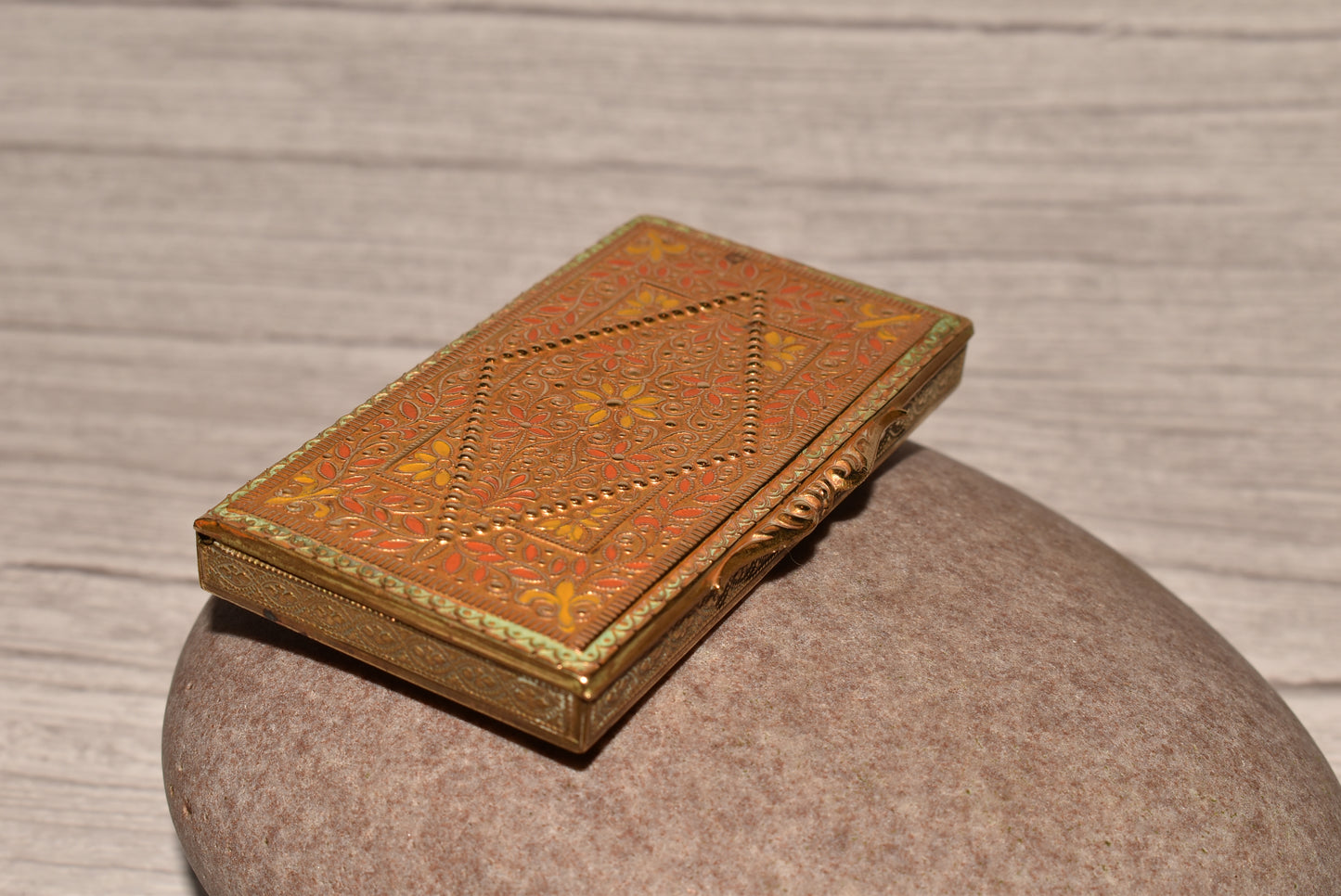 Antique Brass Card Case - Gorgeous Decorative Small Enamelled Case