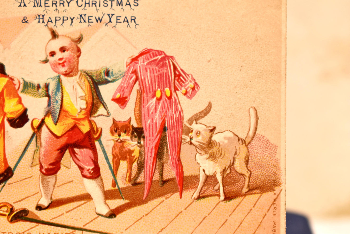 Antique Victorian Christmas Card - Wonderful French Cadet Roussel and His Cats Comedy Card