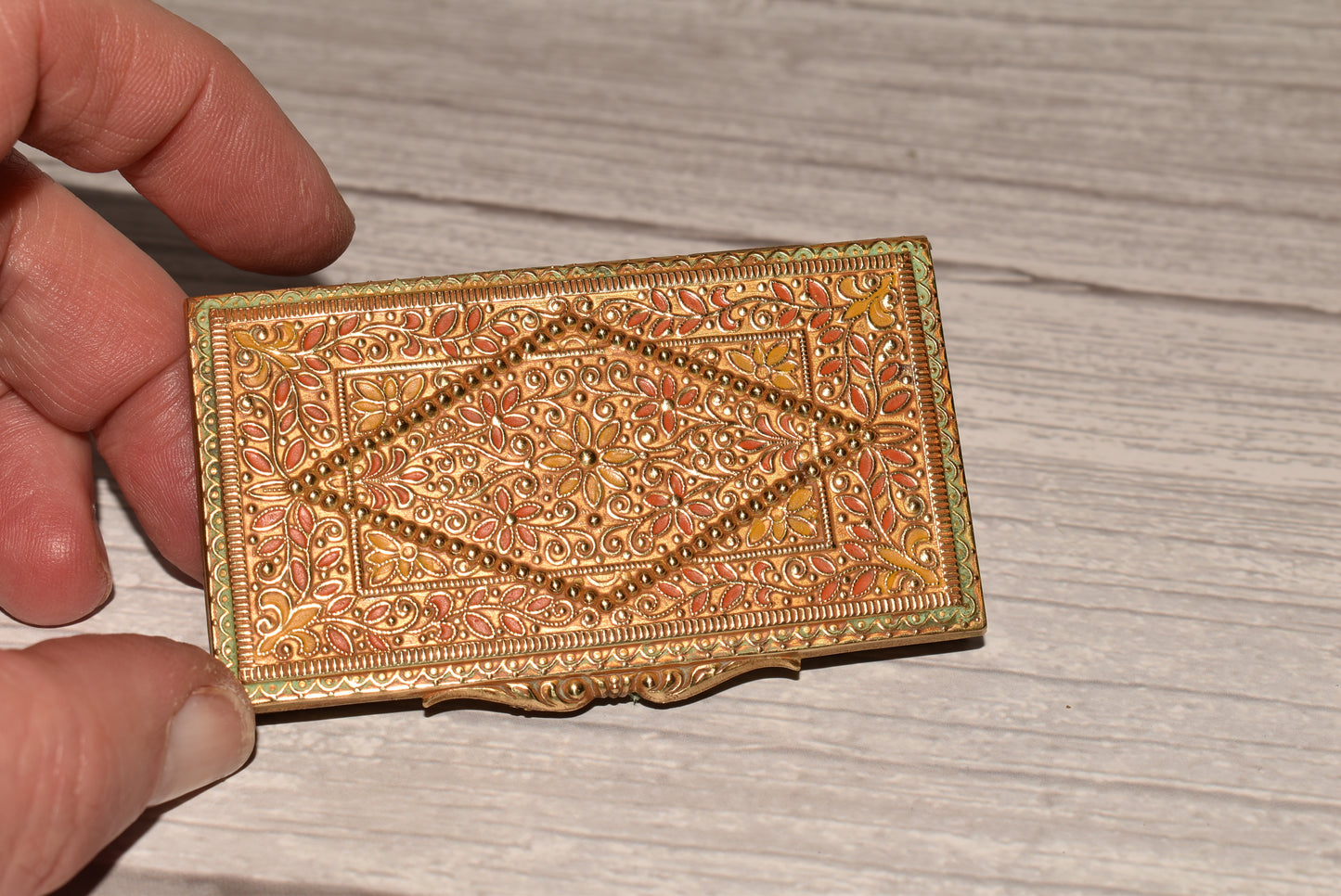 Antique Brass Card Case - Gorgeous Decorative Small Enamelled Case