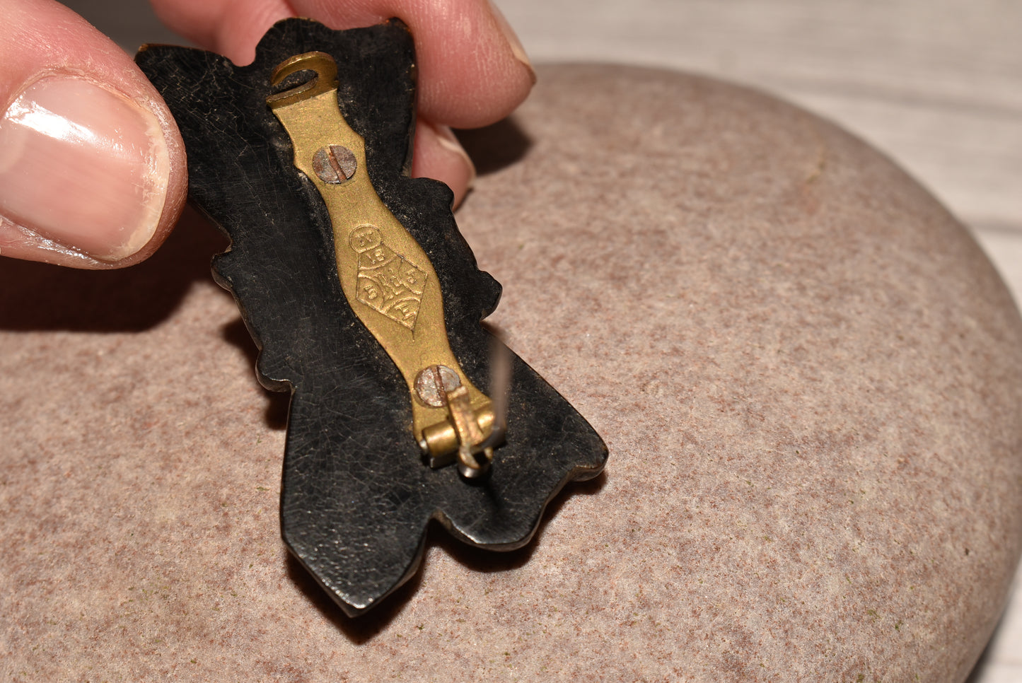 Antique Bog Oak Brooch - Gorgeous Carved Bow Dated 16 May 1880