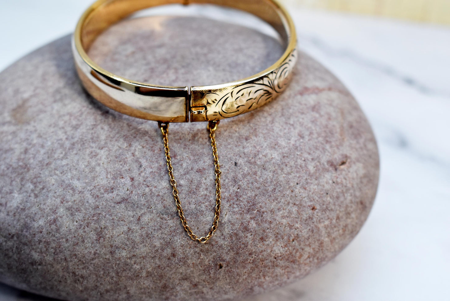 9 Ct Gold 1/5 Metal Core Bangle - Beautiful Engraved Vintage Bracelet with Safety Chain