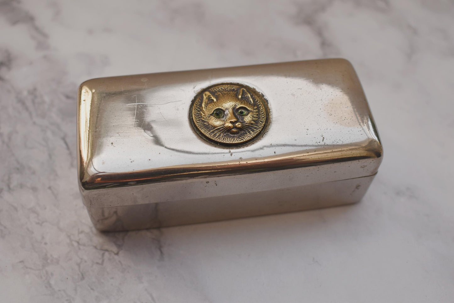 Antique Dressing Table Box with Charming Cat Face with Glass Eyes