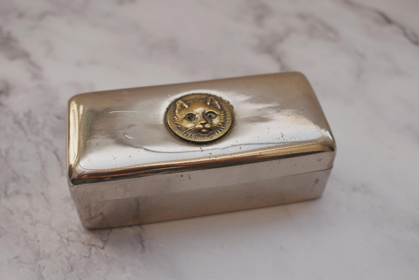 Antique Dressing Table Box with Charming Cat Face with Glass Eyes