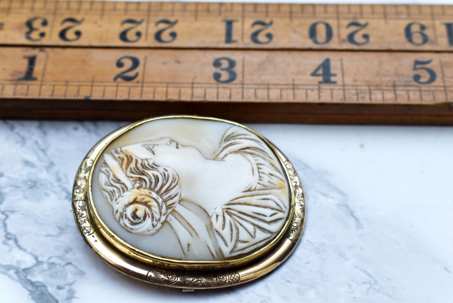 Gorgeous Victorian Cameo - Large Pinchbeck Brooch with Goddess Cameo and Etched Frame