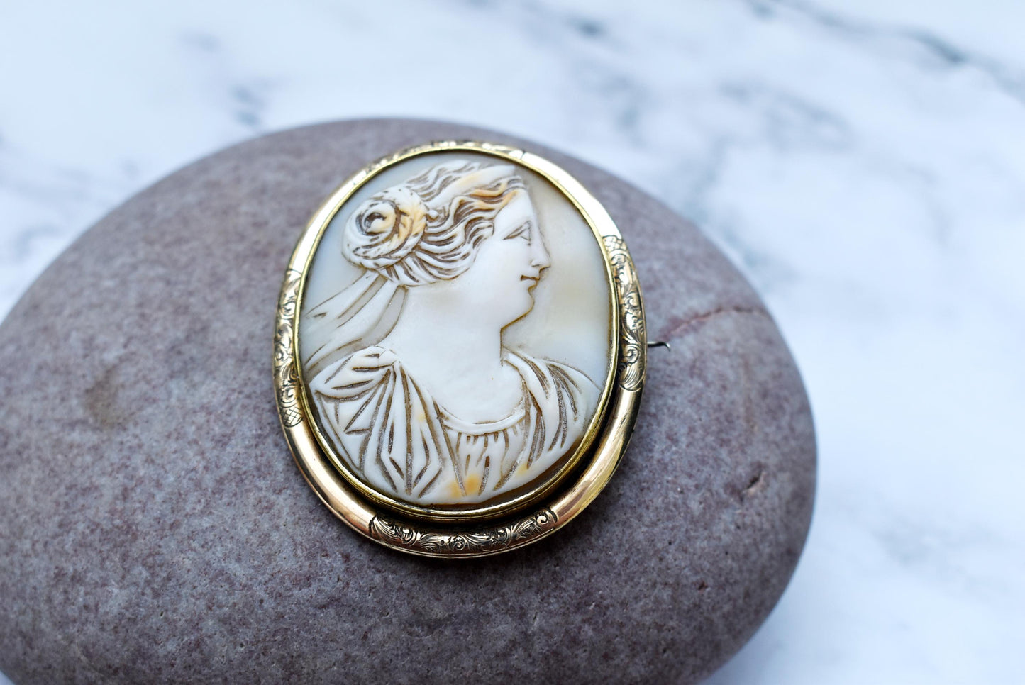 Gorgeous Victorian Cameo - Large Pinchbeck Brooch with Goddess Cameo and Etched Frame