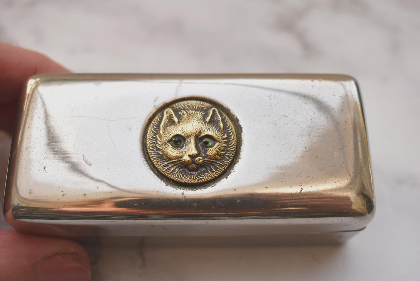 Antique Dressing Table Box with Charming Cat Face with Glass Eyes