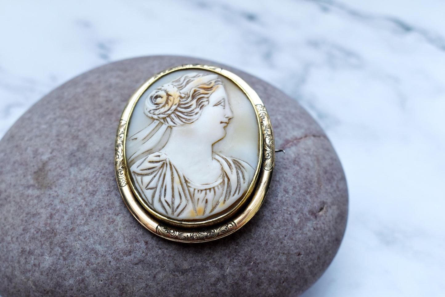 Gorgeous Victorian Cameo - Large Pinchbeck Brooch with Goddess Cameo and Etched Frame