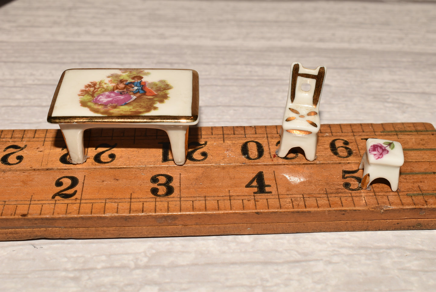 Limoges Doll House Furniture - Beautiful French Porcelain Miniature Table, Chair and Stool