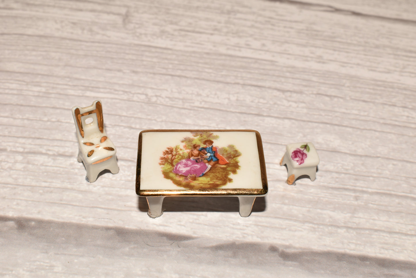 Limoges Doll House Furniture - Beautiful French Porcelain Miniature Table, Chair and Stool