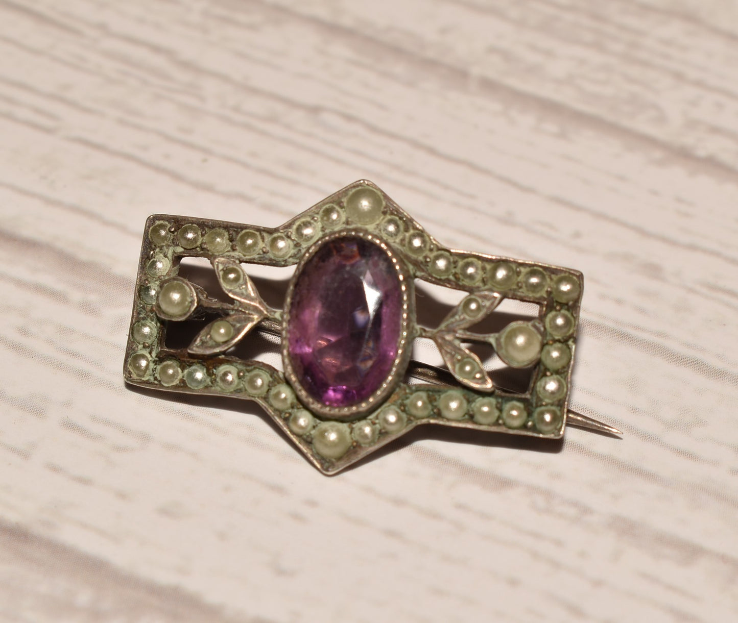 Victorian Silver Brooch - Gorgeous Seed Pearl and Amethyst Decorative Brooch