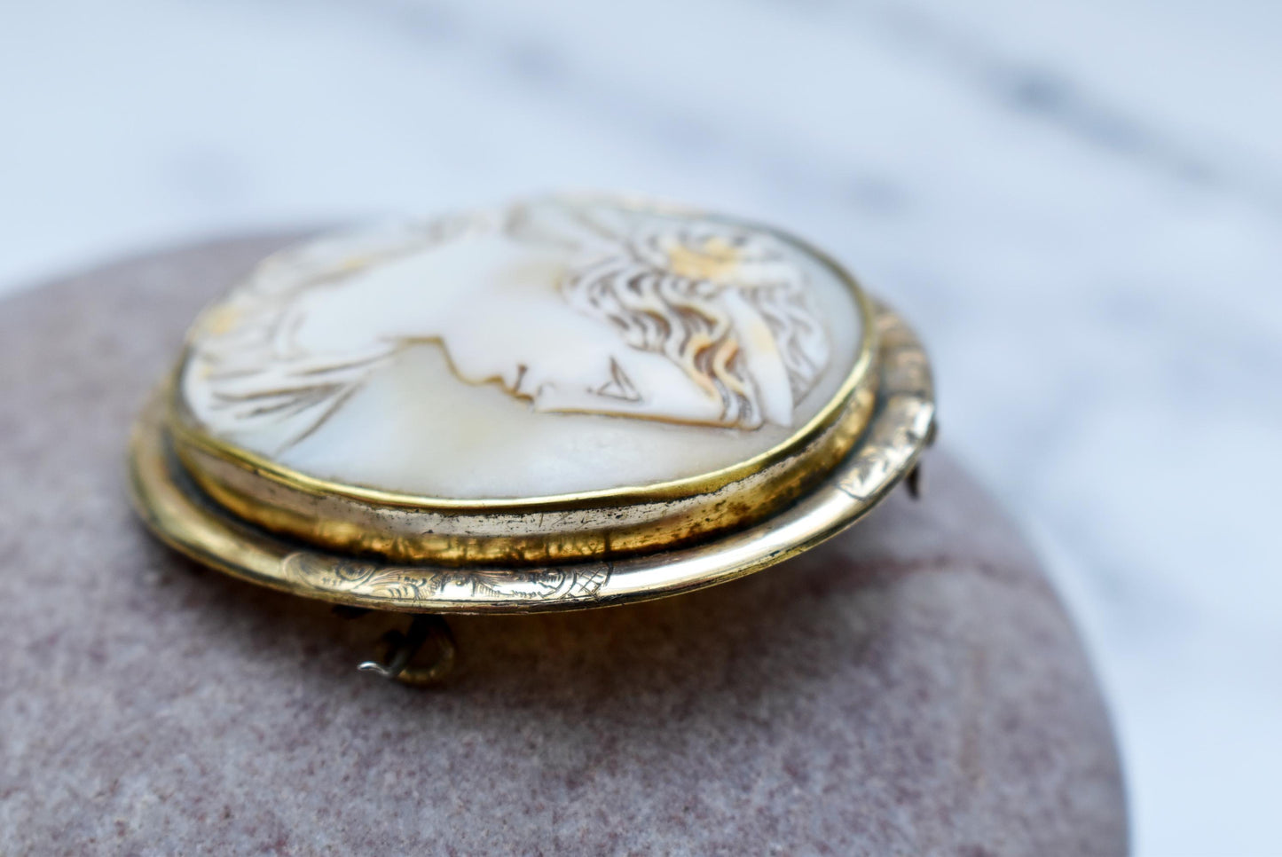 Gorgeous Victorian Cameo - Large Pinchbeck Brooch with Goddess Cameo and Etched Frame