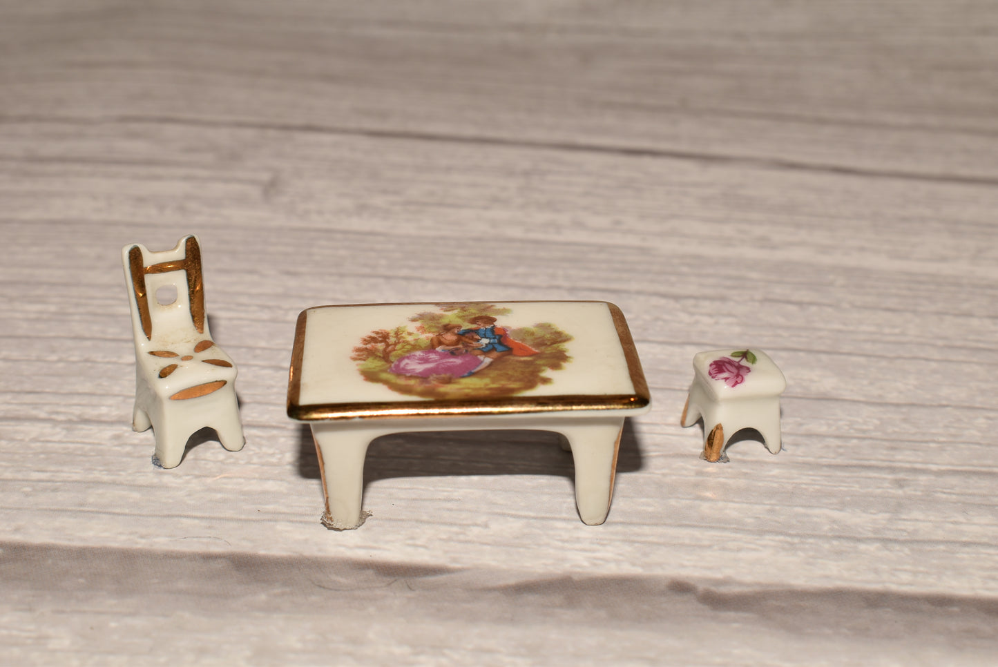 Limoges Doll House Furniture - Beautiful French Porcelain Miniature Table, Chair and Stool