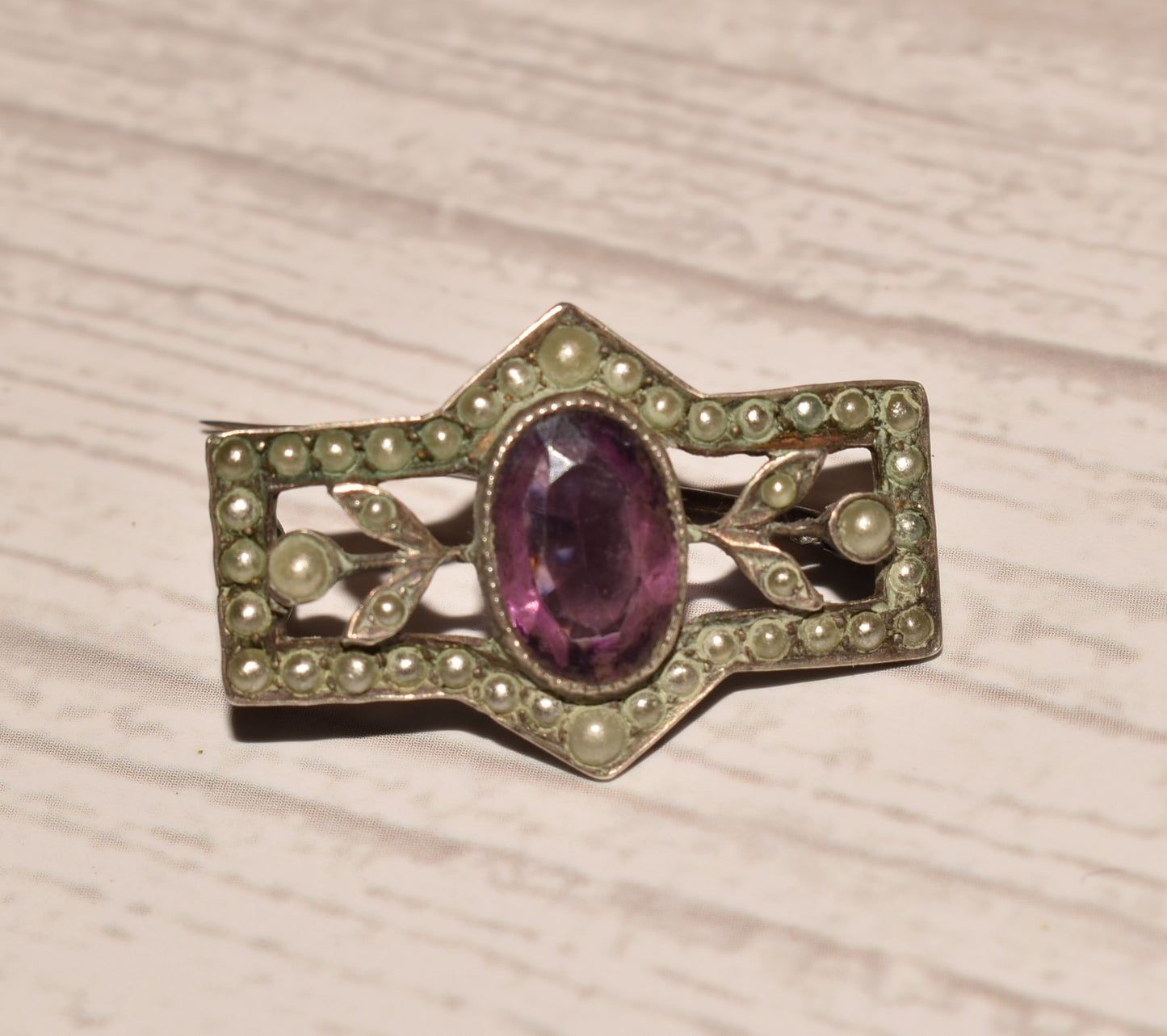 Victorian Silver Brooch - Gorgeous Seed Pearl and Amethyst Decorative Brooch