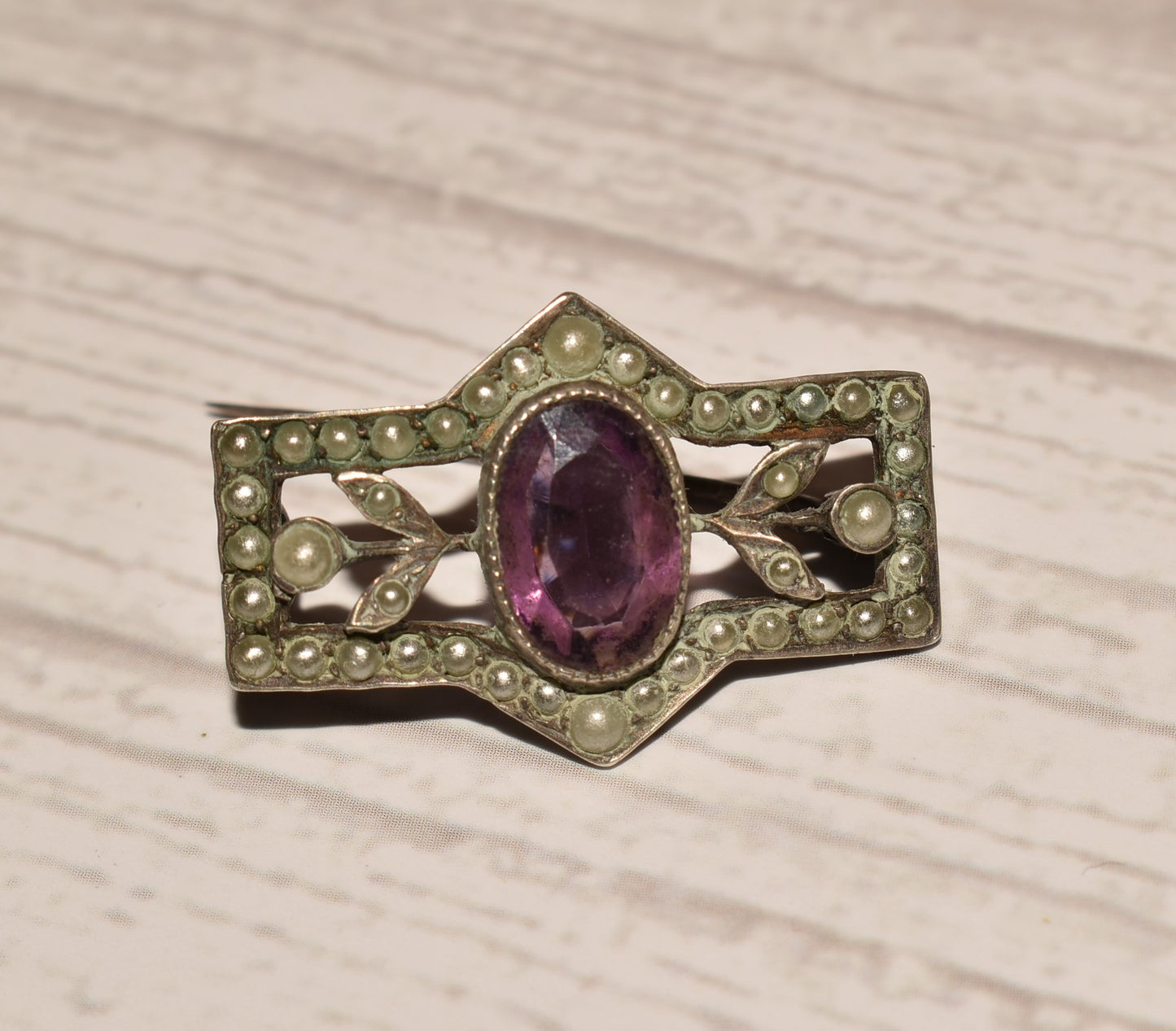 Victorian Silver Brooch - Gorgeous Seed Pearl and Amethyst Decorative Brooch