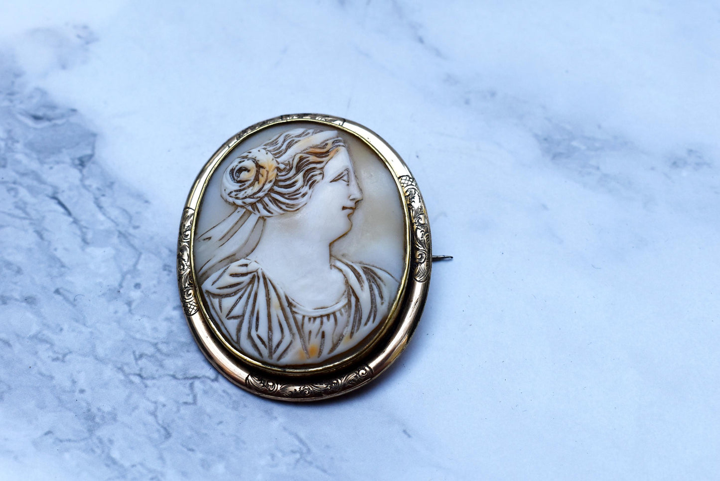Gorgeous Victorian Cameo - Large Pinchbeck Brooch with Goddess Cameo and Etched Frame
