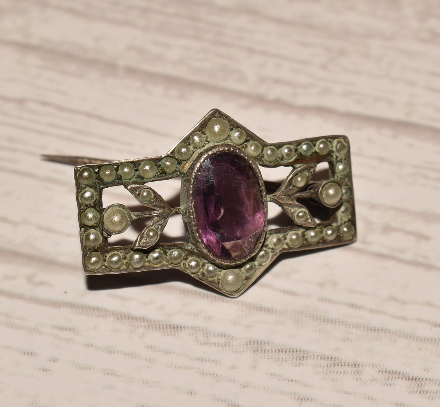 Victorian Silver Brooch - Gorgeous Seed Pearl and Amethyst Decorative Brooch