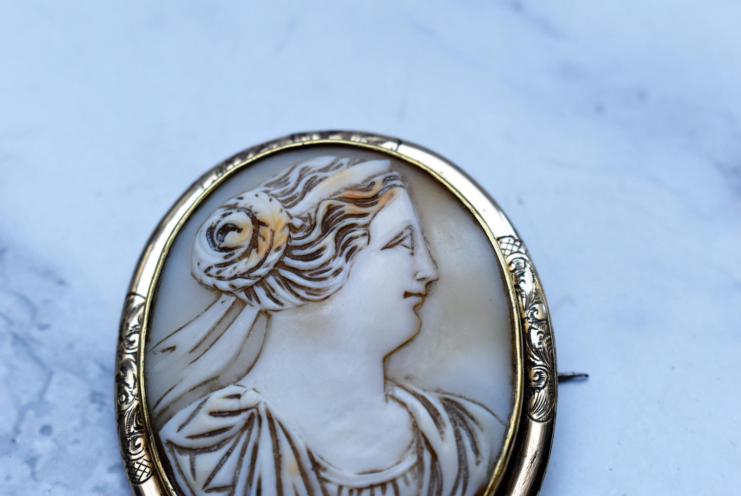 Gorgeous Victorian Cameo - Large Pinchbeck Brooch with Goddess Cameo and Etched Frame