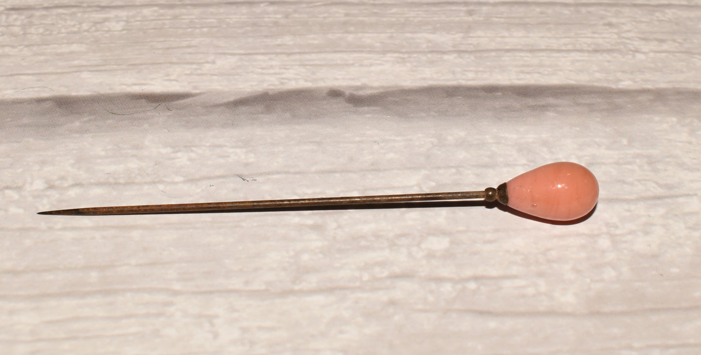 Victorian Cravat Pin - Beautiful Coral Glass Topped Stick Pin