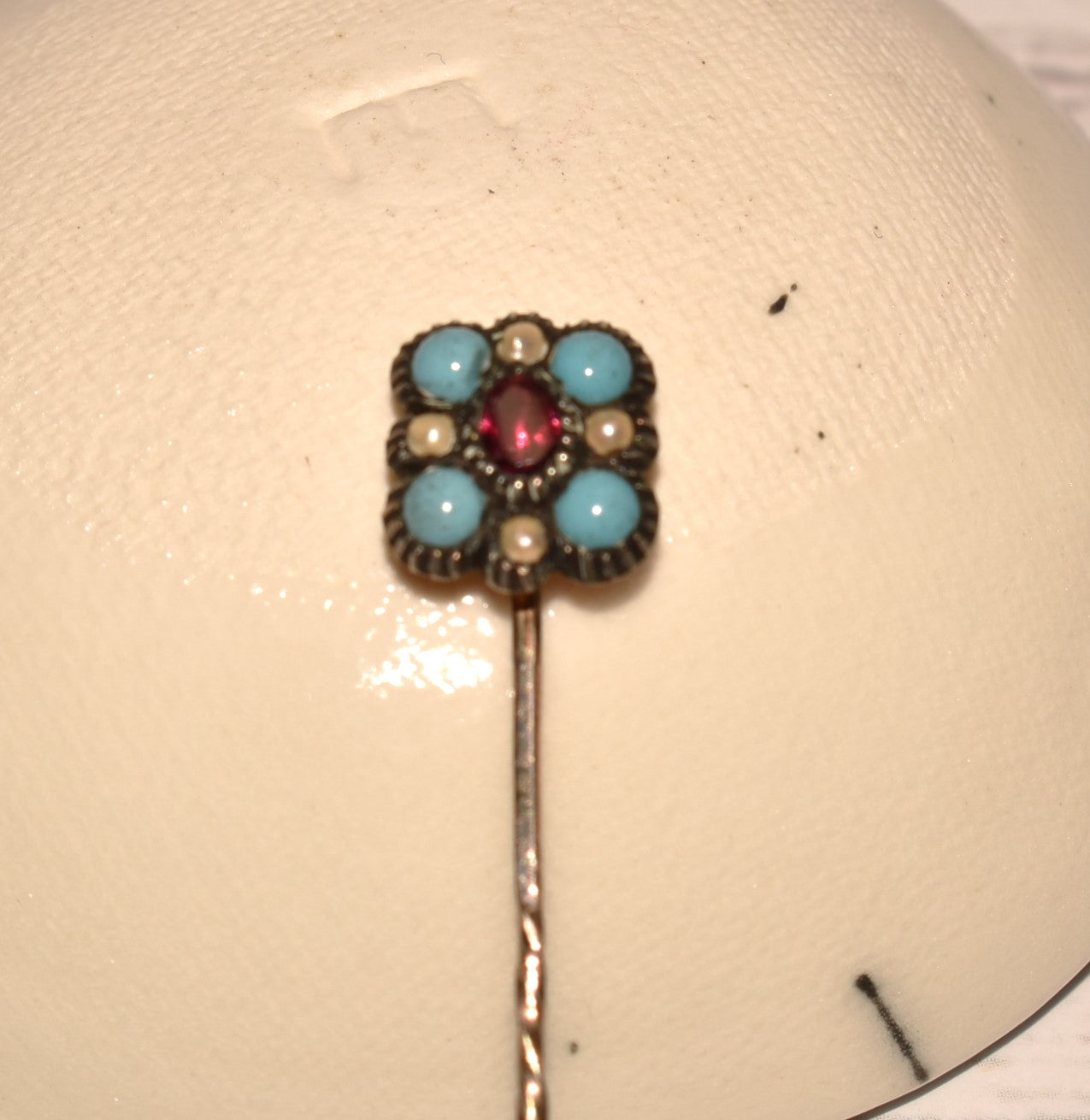 Georgian Cravat Pin - Stunning Gold, Turquoise Glass, Seed Pearl and Garnet Stick Pin