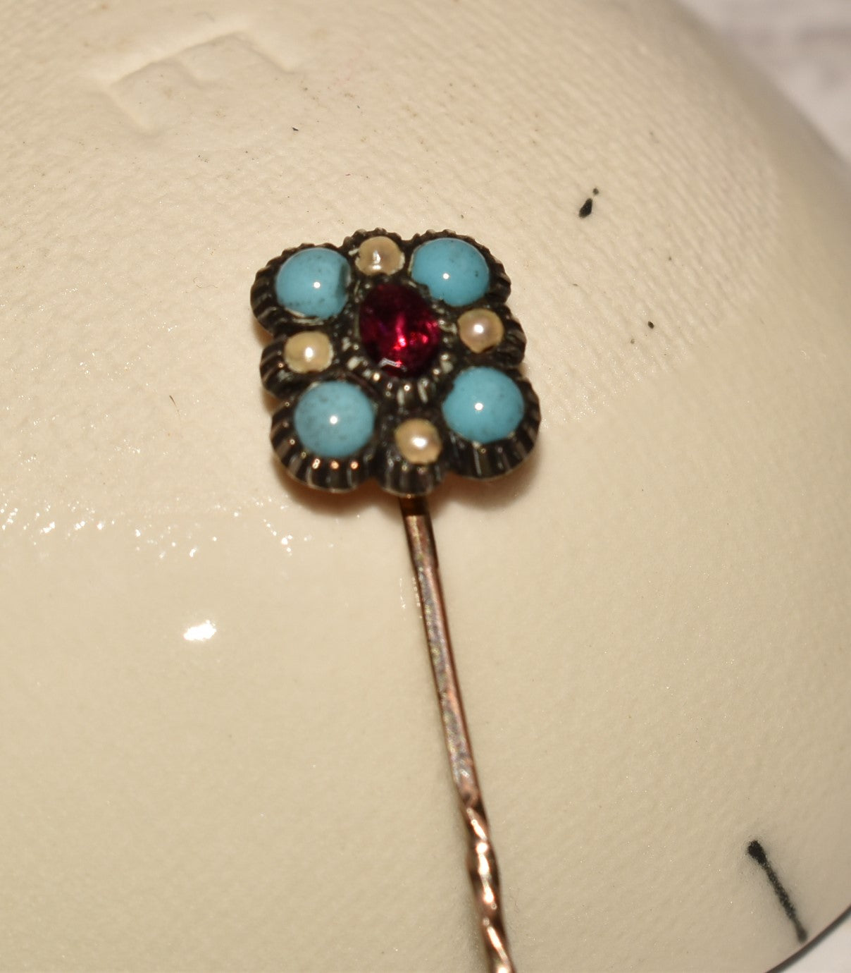 Georgian Cravat Pin - Stunning Gold, Turquoise Glass, Seed Pearl and Garnet Stick Pin
