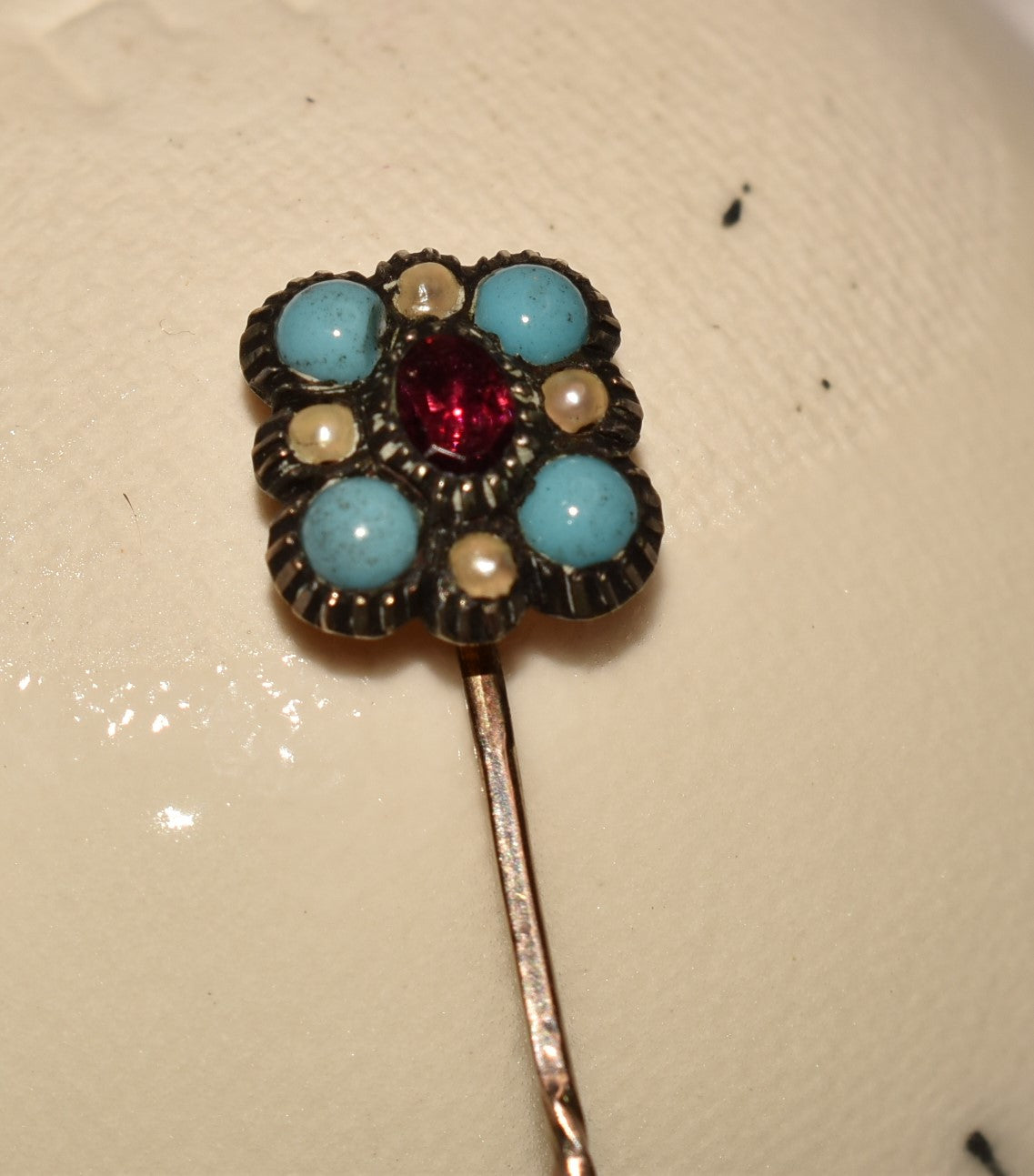 Georgian Cravat Pin - Stunning Gold, Turquoise Glass, Seed Pearl and Garnet Stick Pin