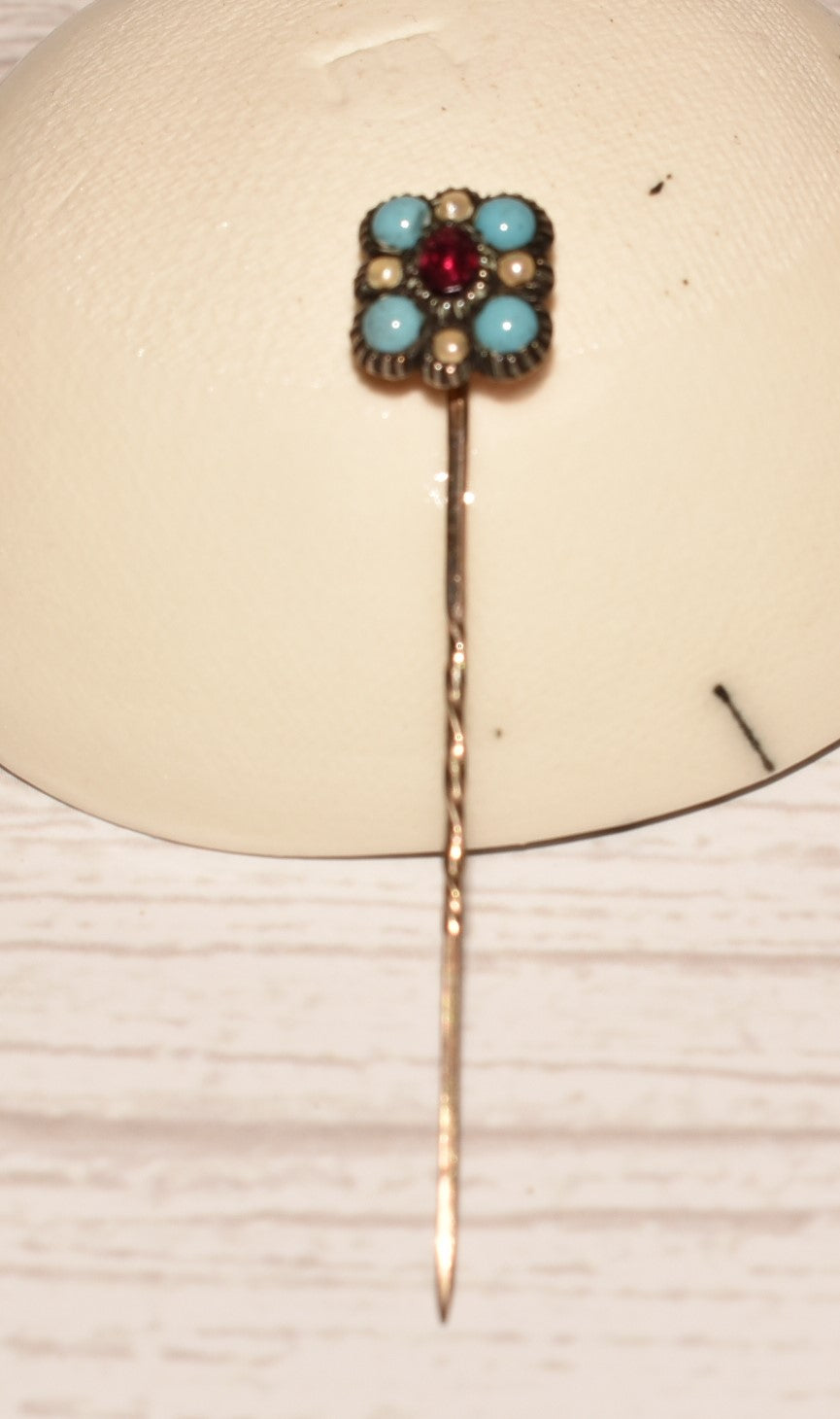 Georgian Cravat Pin - Stunning Gold, Turquoise Glass, Seed Pearl and Garnet Stick Pin