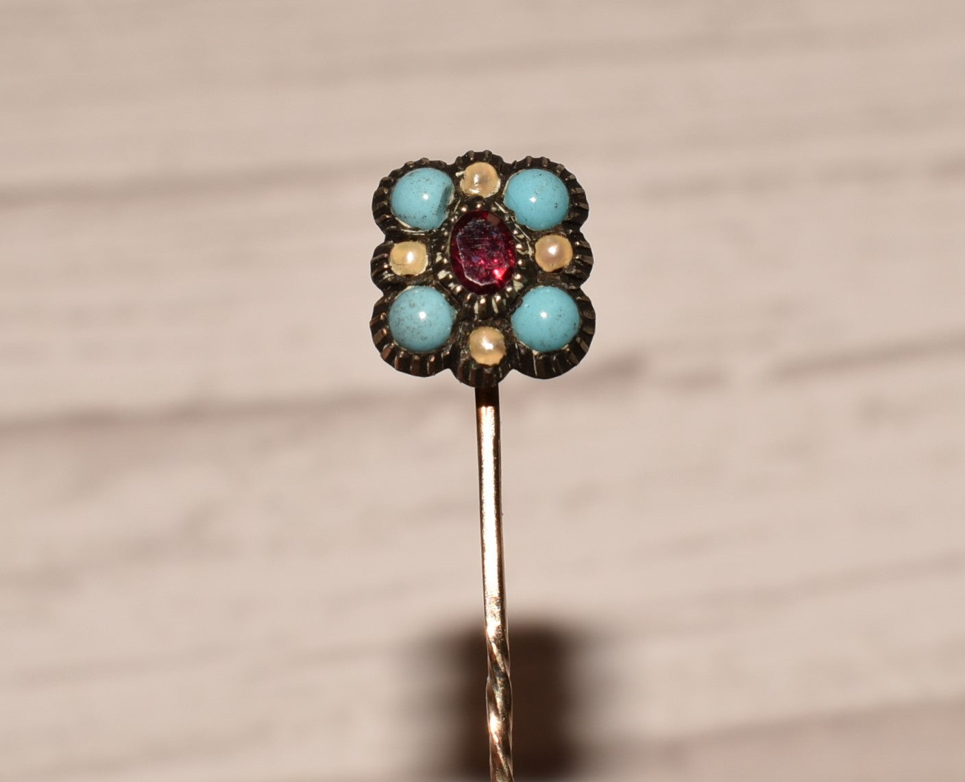 Georgian Cravat Pin - Stunning Gold, Turquoise Glass, Seed Pearl and Garnet Stick Pin