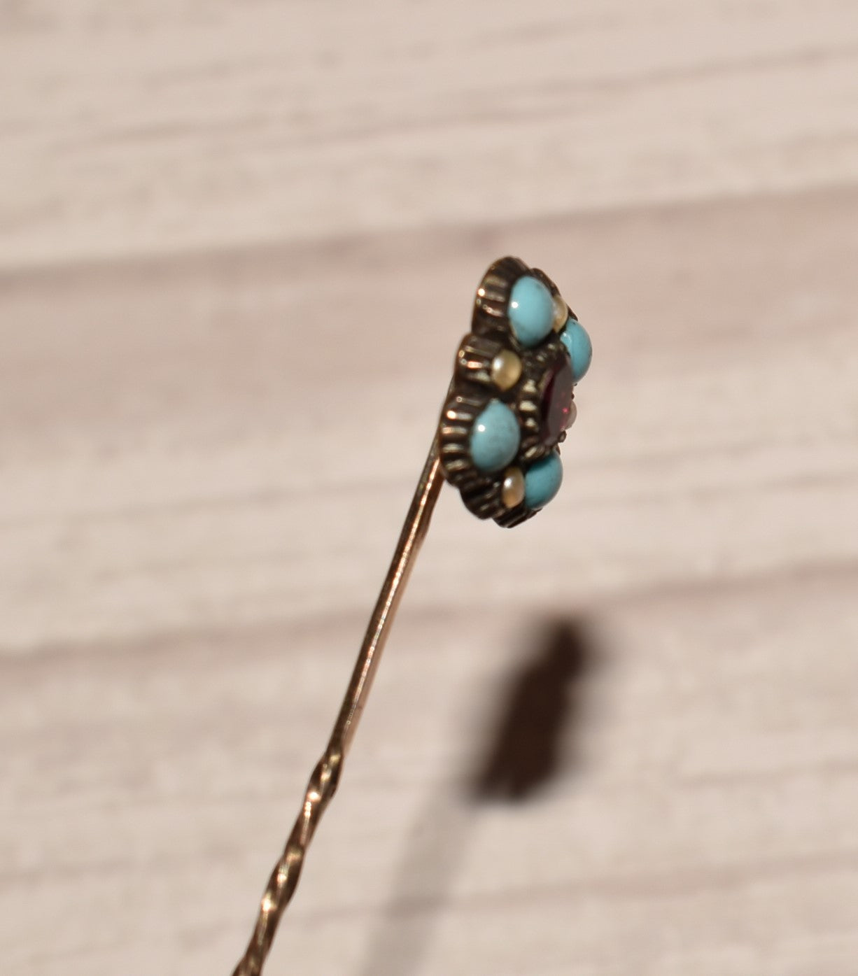 Georgian Cravat Pin - Stunning Gold, Turquoise Glass, Seed Pearl and Garnet Stick Pin