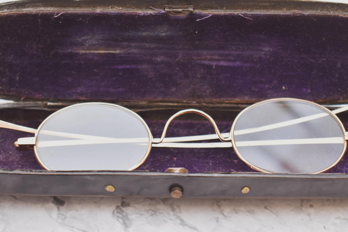 Victorian Eye Glasses and Case - Stunning Gold Filled Decorative Spectacles in Beautiful Papier Mache Box