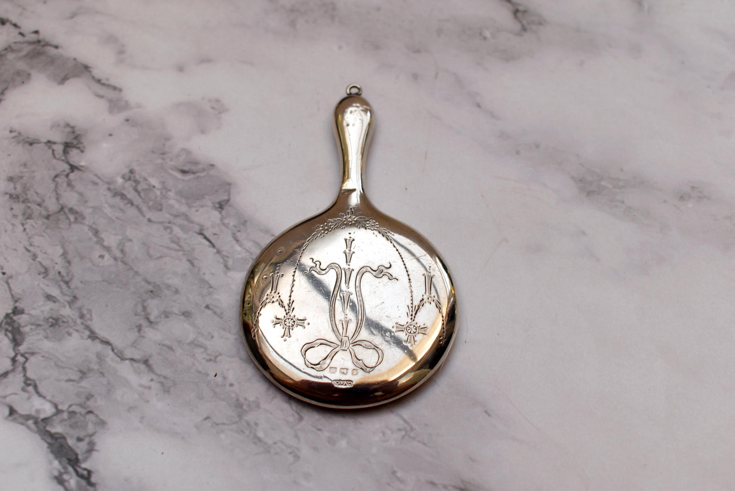 Antique Silver Mirror - Beautiful Art Nouveau Floral Chatelaine Mirror 1919 Hallmark Gourdel Vales & Co