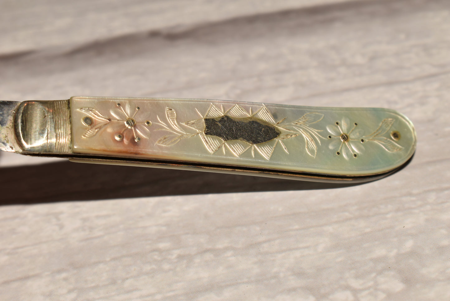 Early Victorian Fruit Parer - Gorgeous 1852 George Unite Silver and Mother of Pearl Engraved
