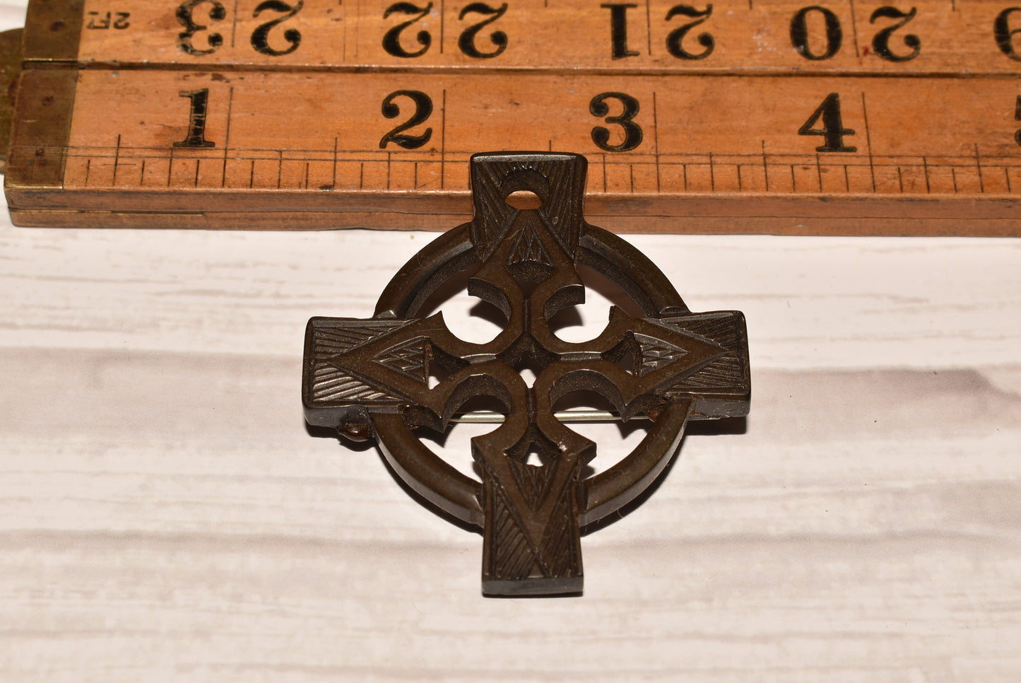 Victorian Bog Oak Brooch - Beautiful Carved Celtic Cross Antique Decorative Brooch/Pendant