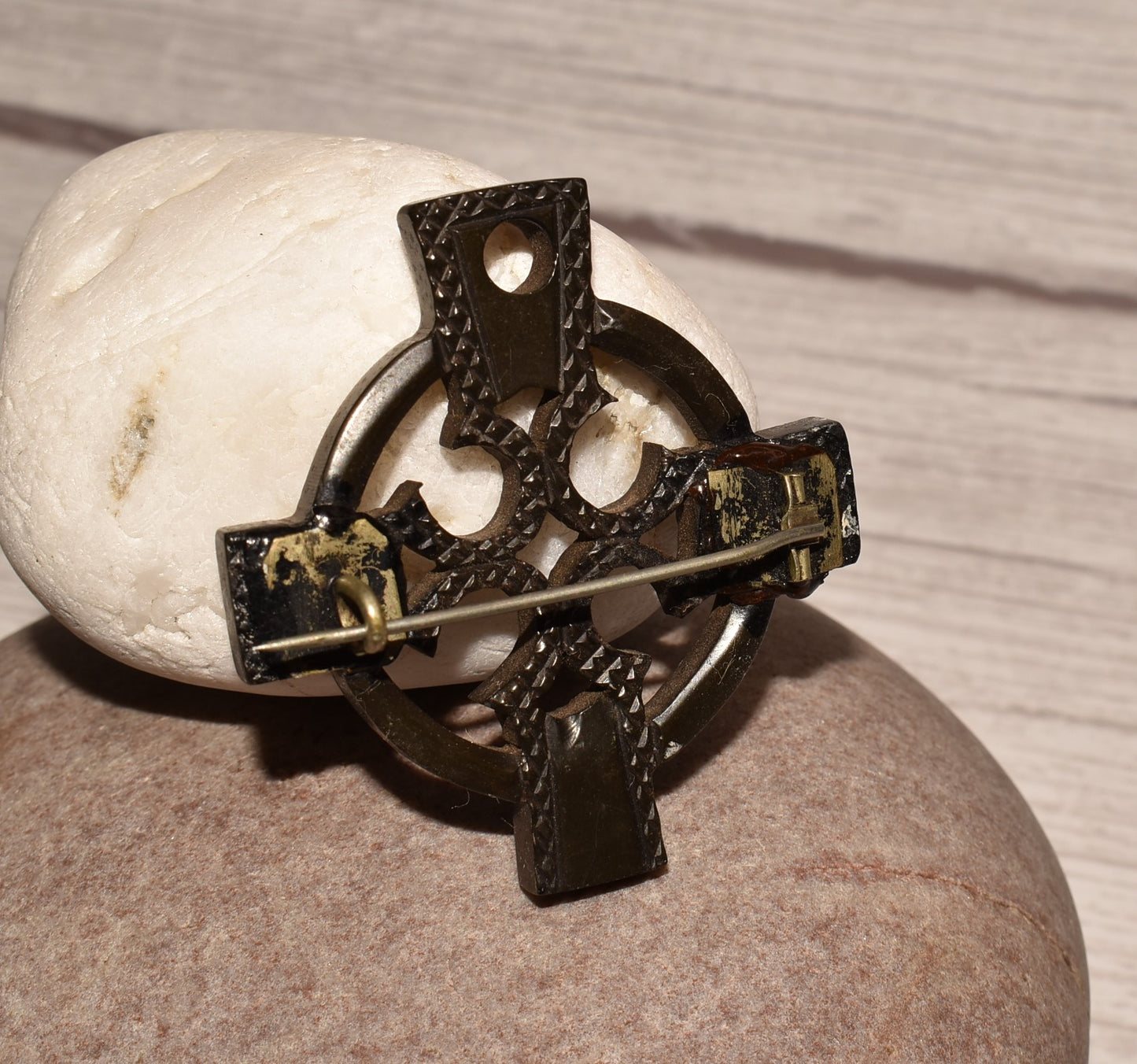 Victorian Bog Oak Brooch - Beautiful Carved Celtic Cross Antique Decorative Brooch/Pendant