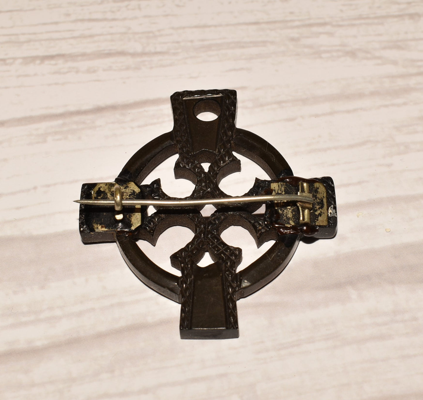 Victorian Bog Oak Brooch - Beautiful Carved Celtic Cross Antique Decorative Brooch/Pendant