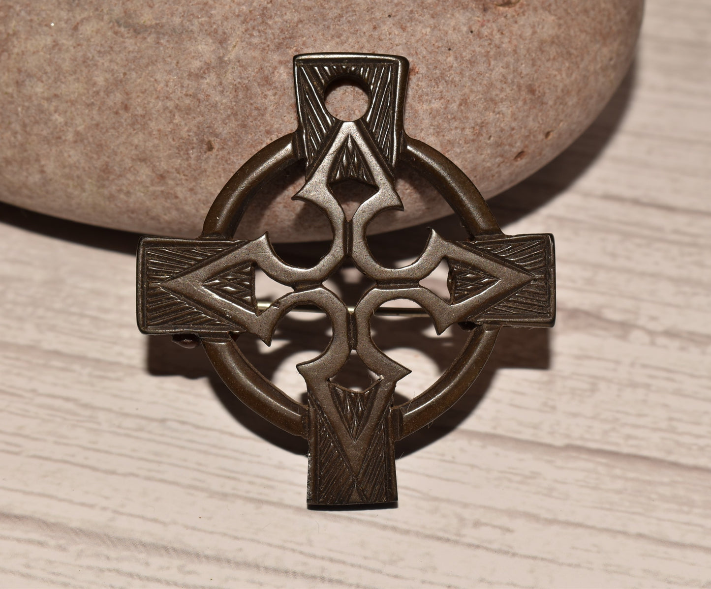 Victorian Bog Oak Brooch - Beautiful Carved Celtic Cross Antique Decorative Brooch/Pendant