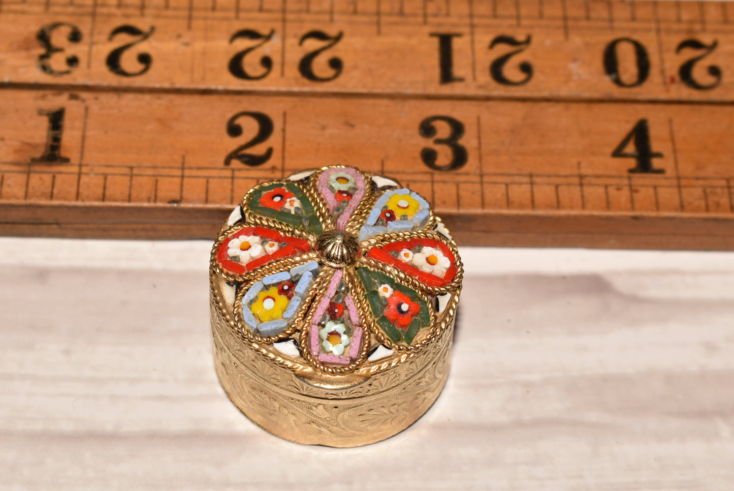 Vintage Micro Mosaic Box - Gorgeous Inlaid Brass Stash/Pill Box