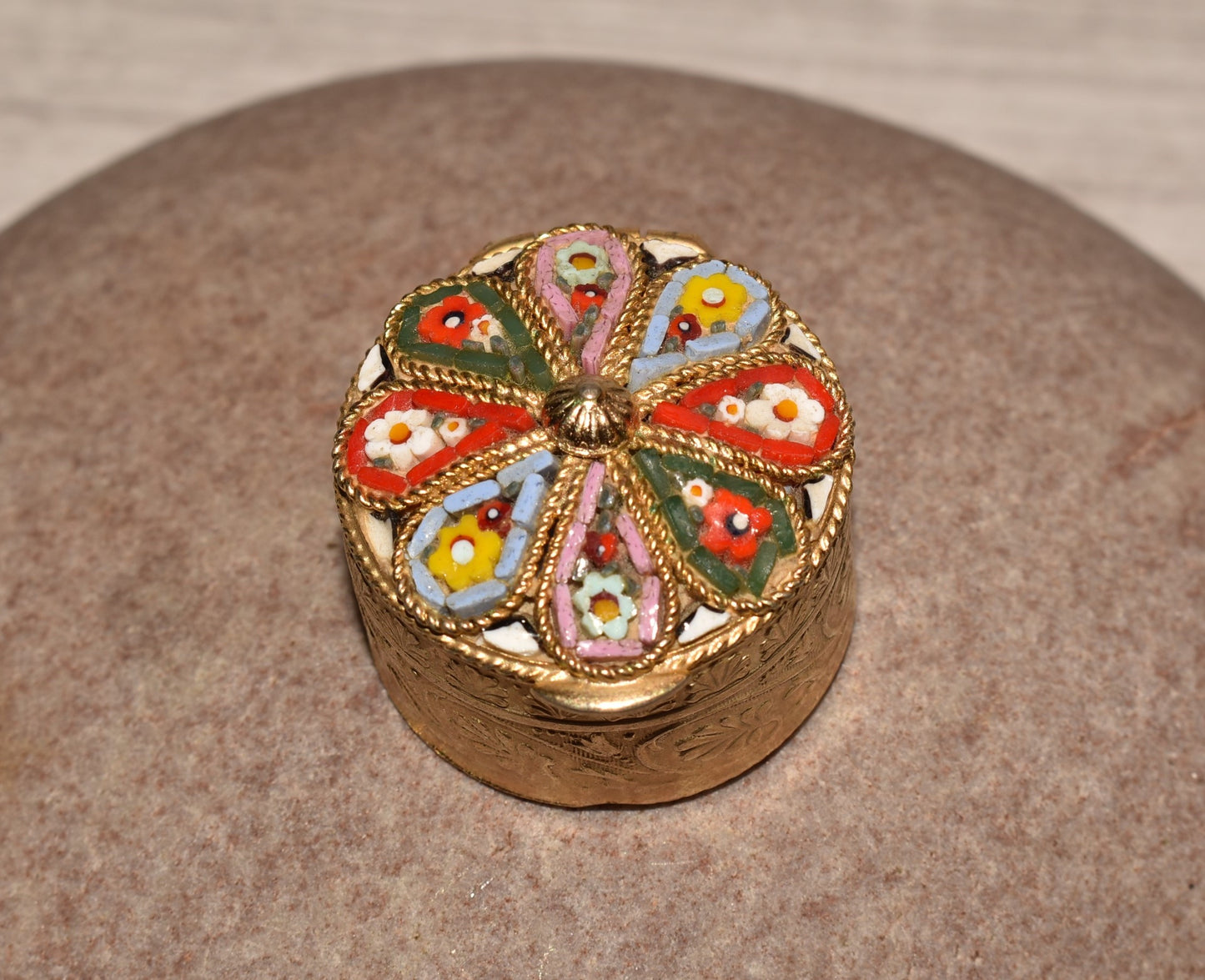 Vintage Micro Mosaic Box - Gorgeous Inlaid Brass Stash/Pill Box