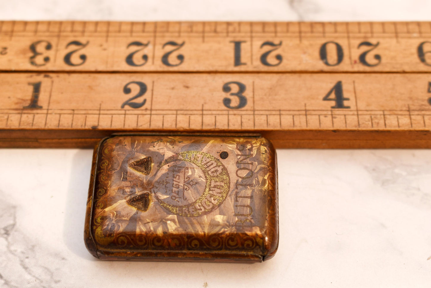 Antique Pin Tin - Gorgeous Victorian Slide Top Quality Crescent Button Box Filled with Pins