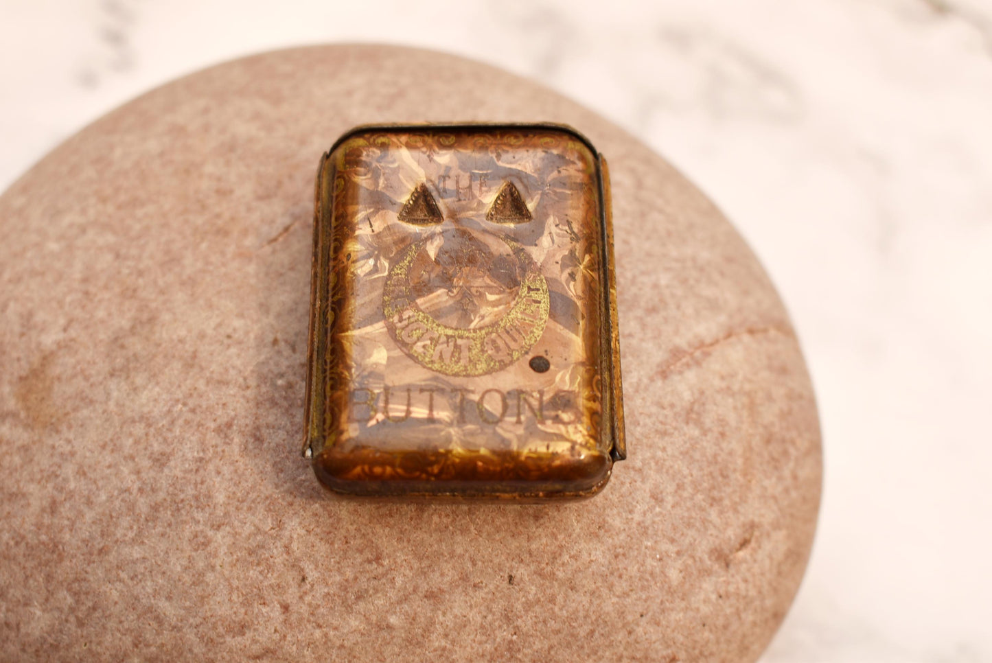 Antique Pin Tin - Gorgeous Victorian Slide Top Quality Crescent Button Box Filled with Pins