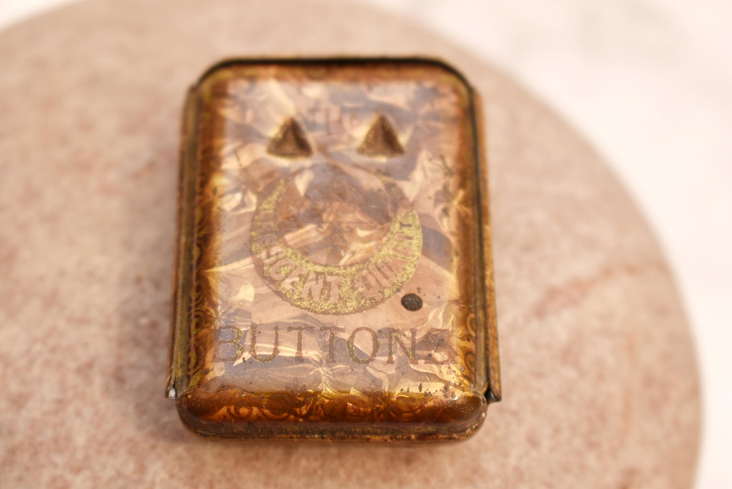 Antique Pin Tin - Gorgeous Victorian Slide Top Quality Crescent Button Box Filled with Pins