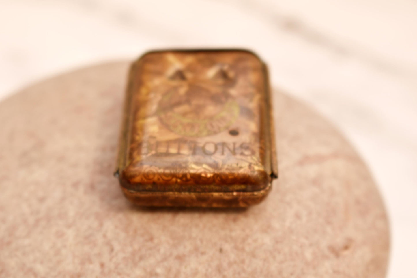 Antique Pin Tin - Gorgeous Victorian Slide Top Quality Crescent Button Box Filled with Pins