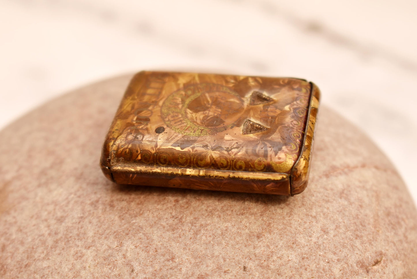 Antique Pin Tin - Gorgeous Victorian Slide Top Quality Crescent Button Box Filled with Pins
