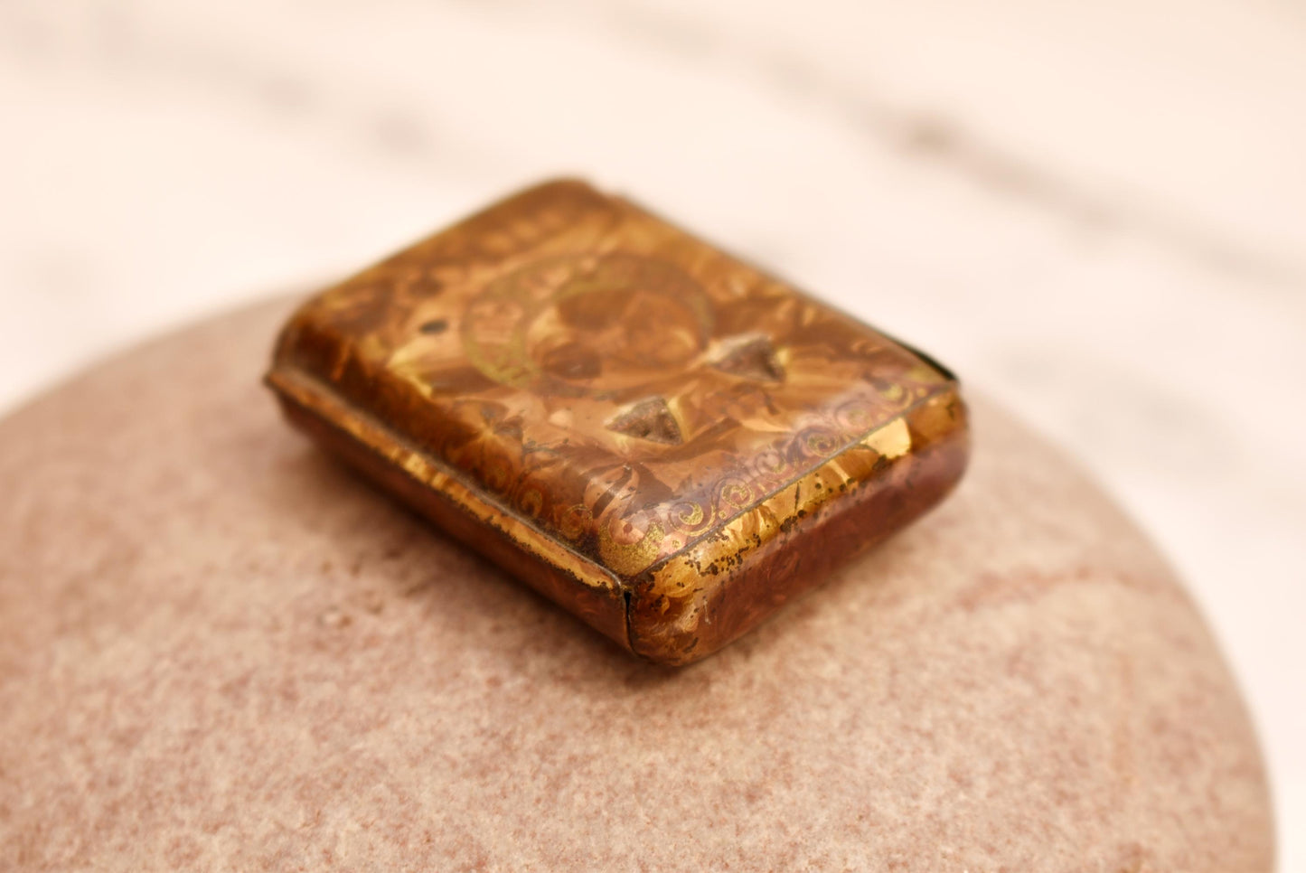 Antique Pin Tin - Gorgeous Victorian Slide Top Quality Crescent Button Box Filled with Pins