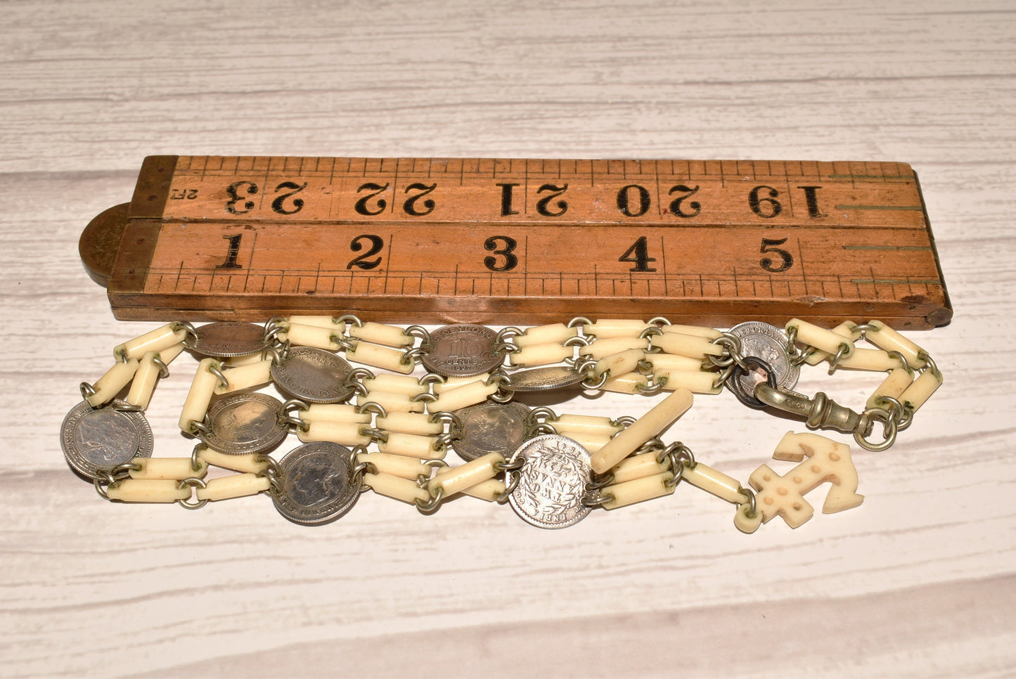 Antique Watch Chain - Stunning Rare Victorian Ceylon and India Coins with Anchor Fob