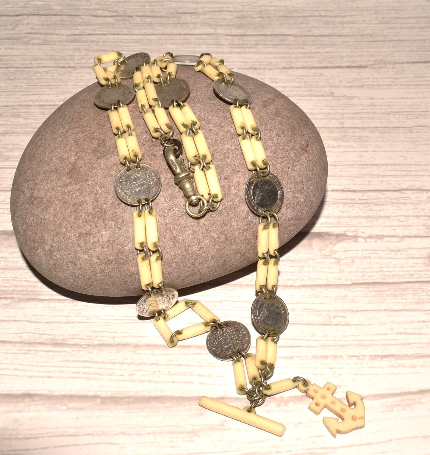 Antique Watch Chain - Stunning Rare Victorian Ceylon and India Coins with Anchor Fob