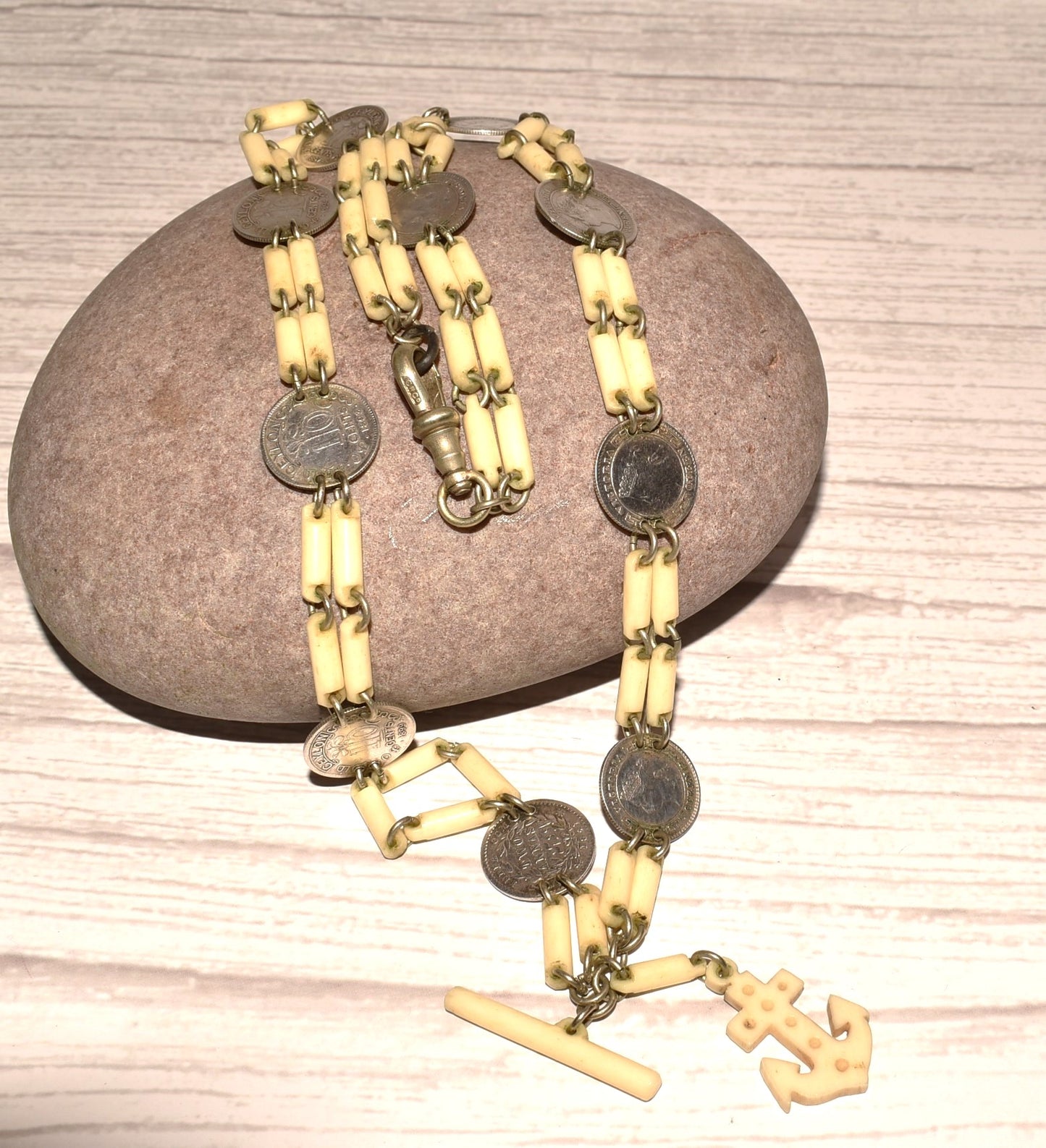 Antique Watch Chain - Stunning Rare Victorian Ceylon and India Coins with Anchor Fob